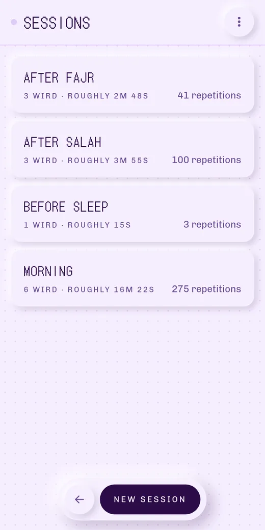 The sessions screen: four named sessions, each with its wird count, length and repetitions
